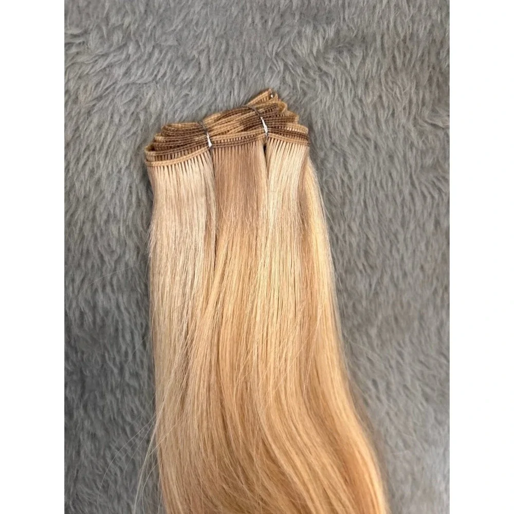 Blonde Human Hair Extensions 14 Inch Honey‎ Ash Mix Straight Double Weft